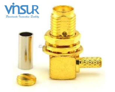 11522214 -- RF CONNECTOR - 50OHMS , SMA FEMALE , RIGHT ANGLE , BULKHEAD REAR MOUNT , CRIMP TYPE , RG316, RG174, RG188, LMR100 CABLE